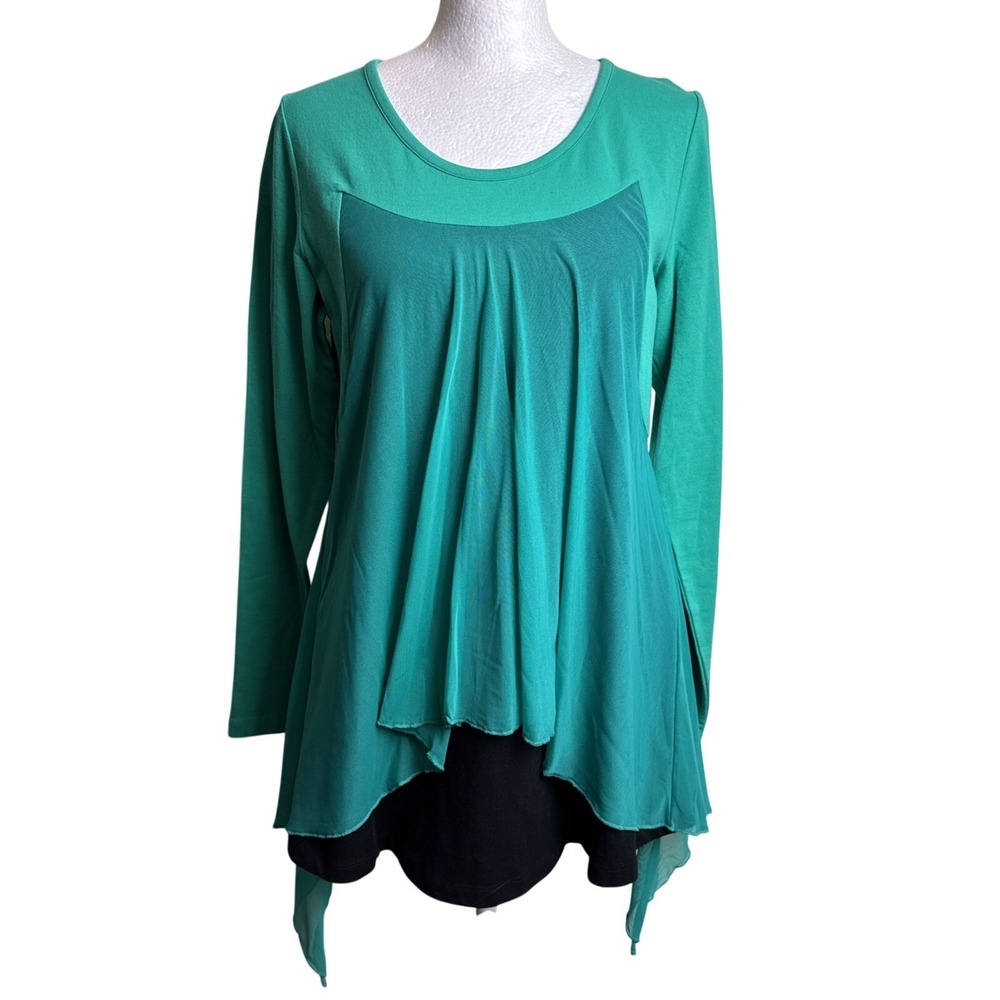 NWT DG2 Diane Gilman Green Mesh Scarf‎ Hem Layered Knit Tunic Top Blouse S